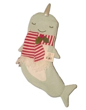 Narwhal Coastal Christmas Knit Stocking Mint Green Silver 20" Whimsical