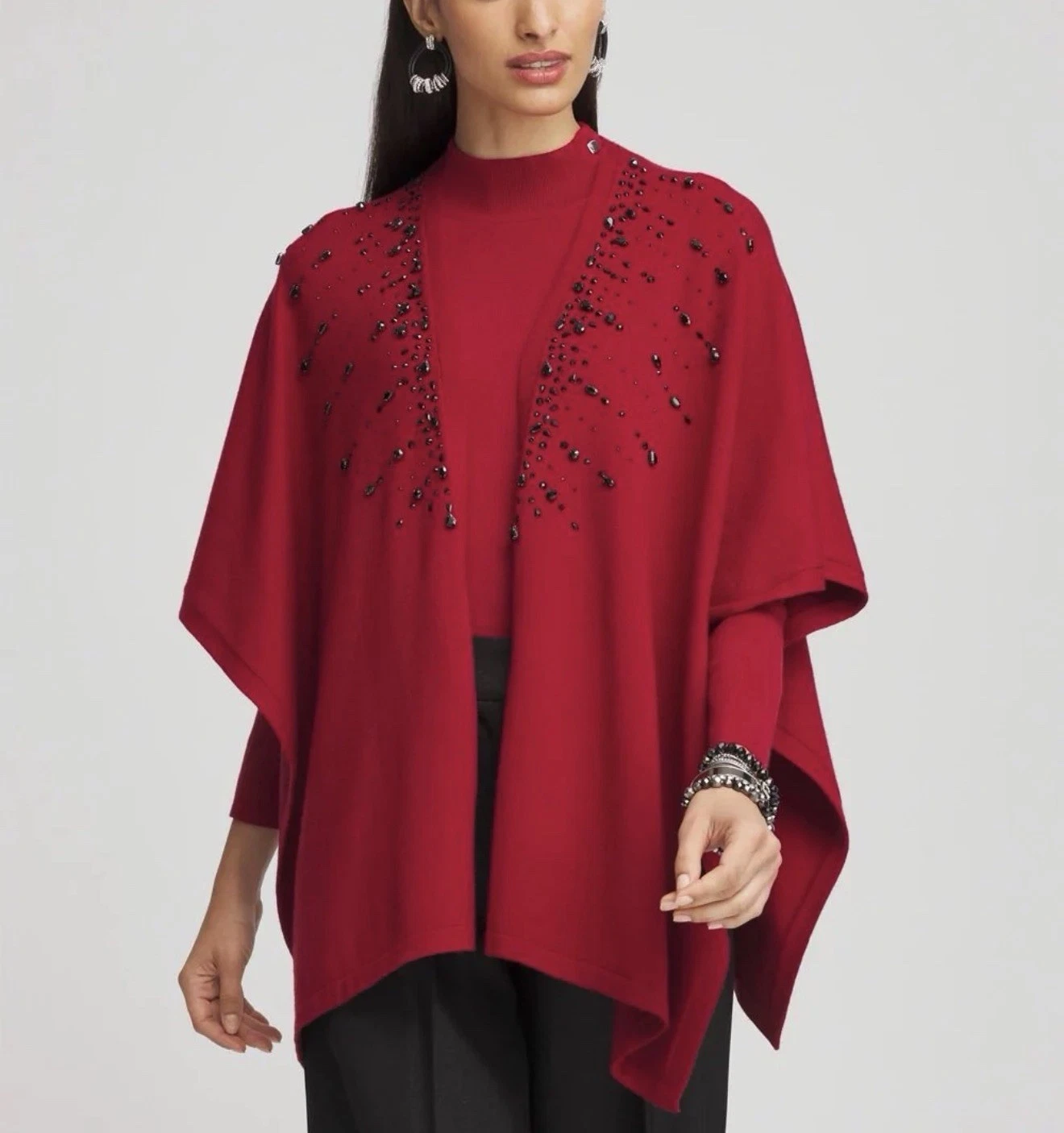 Chicos Size-S-M Womens Poncho Ruana Knit Embellished Knit Red Allure