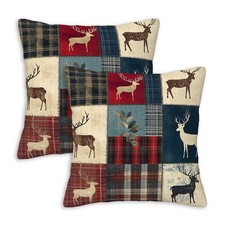 Deer Plaid Throw Pillow Covers 18x18 Set of 2, Rustic Woodland Animal Decorat...