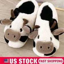Women Men Fuzzy Cow Slippers Winter Novelty Indoor Home Animal Slippers Adult US