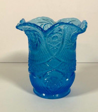 Vintage Turquoise Blue Glass Vase With Scalloped Edge 5" Tall