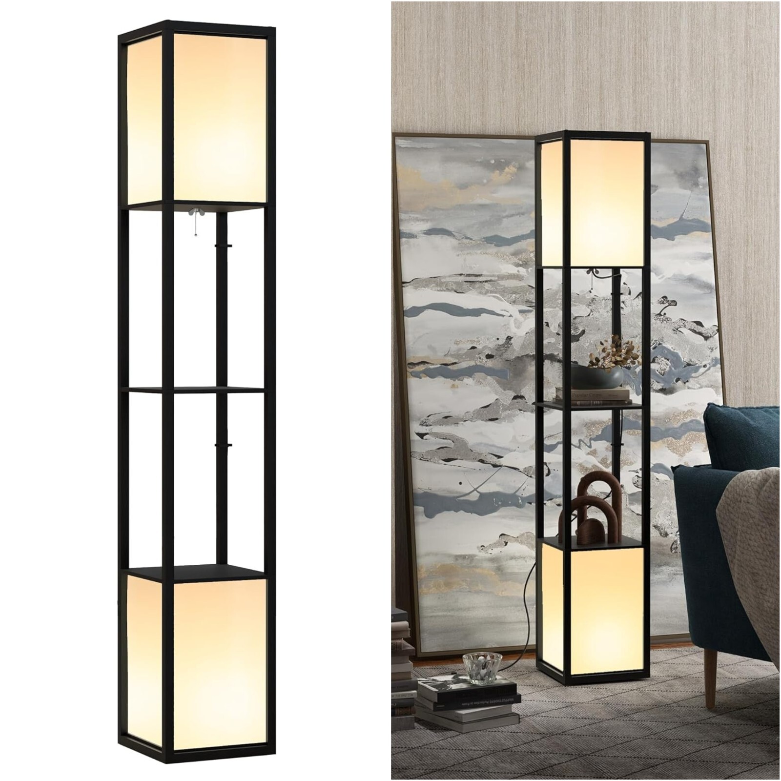 Modern Floor Lamp Shelves Display Black Frame Corner Storage Lighted Slim Unit