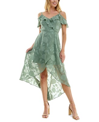 Bcx Womens Sz L Off The Shoulder Ruffled Asymmetrical Hem Jacquard Dress In Sage