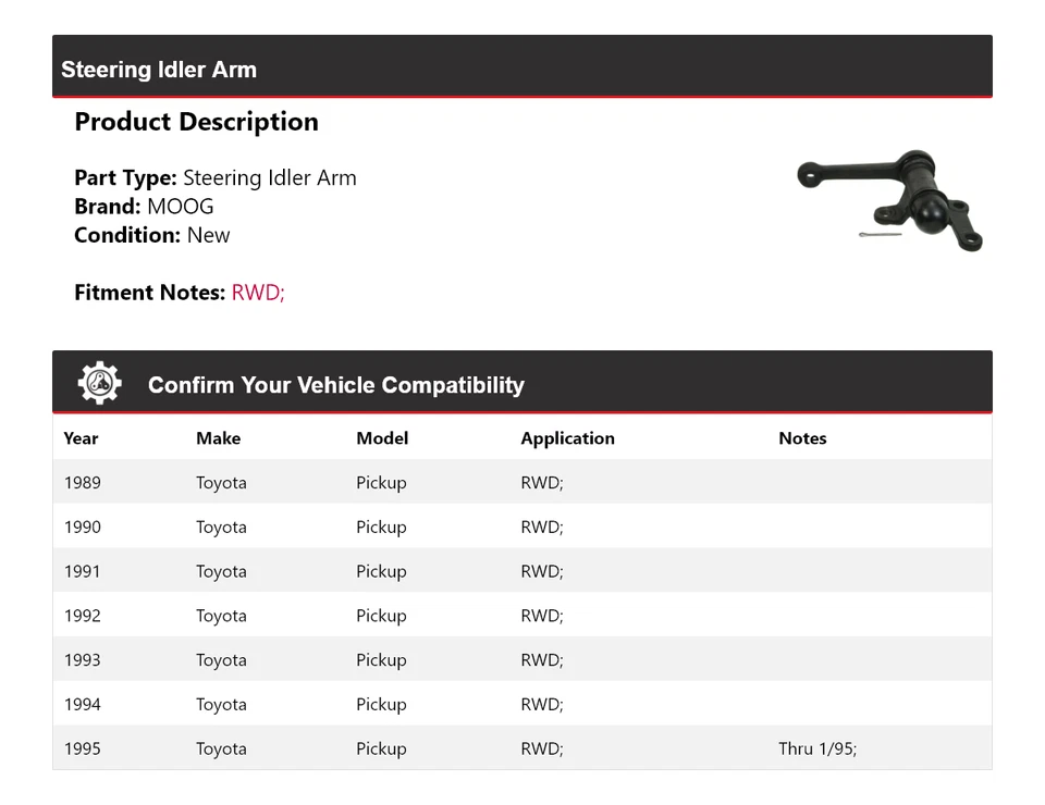 Para 1989-1995 Toyota Pickup RWD braço de direção MOOG 1989 1990 1991 1992 1993 - Imagem 2 de 4