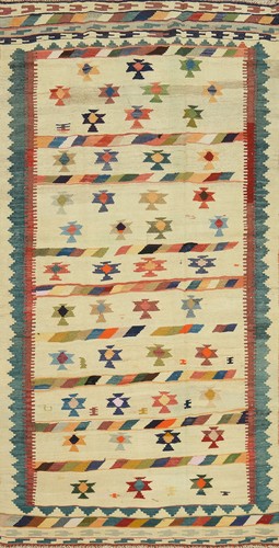 Vegetable Dye Kilim Hand-woven Ivory Wool Reversible Area Rug Nomad Carpet 5x9