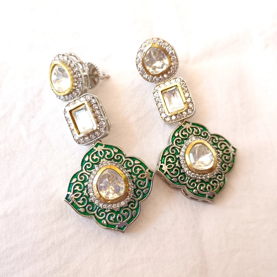 Pendiente Gota Boho Kundan Polki Chapado en Oro Verde Hecho a Mano Joyería de Boda India Foto 2 de 4