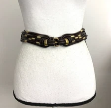 Women's Belt Brown Gold Small-Medium Elastic Cinch Wide Metal Dress Casual