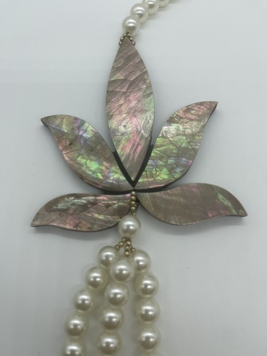 Abalone Inlay Shell & Faux Pearl Swag Statement Necklace VINTAGE RETRO 1970s - Picture 3 of 6