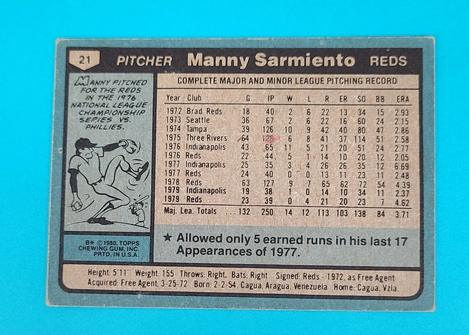 1980 Topps #21 Manny Sarmiento Cincinnati Reds BASEBALL Card 6B - Image 2 of 2