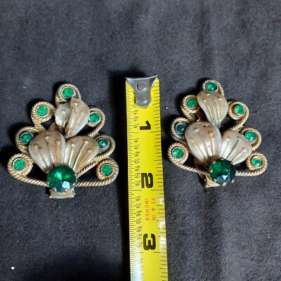 Vtg ART DECO Victorian Era Emerald Green Rhinestones Shoe Clips