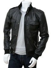 Motorcycle Men Biker Genuine Lambskin Black Bomber Leather Jacket XS-2XL FB14