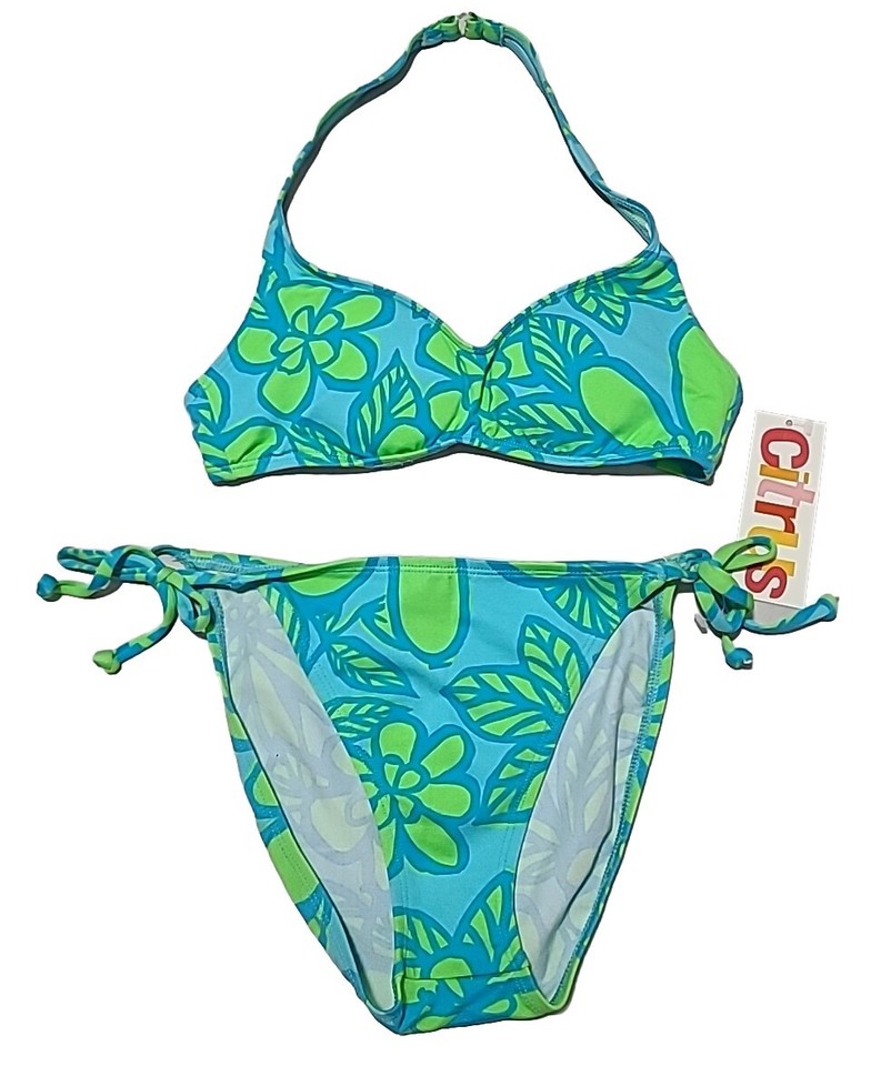 Citrus 3 Pieces Padded Halter Top Bikini Swimsuit Skirt Cover Blue