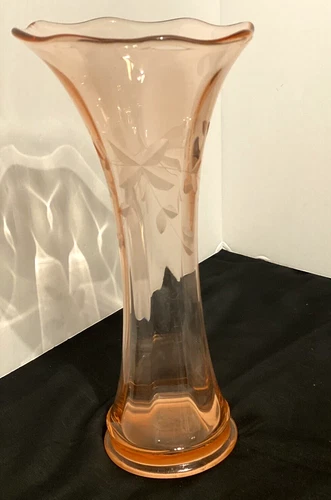 VTG Large Antique Pink Depression Glass Etched Flowers Vase Fluted Rim 10" Tall