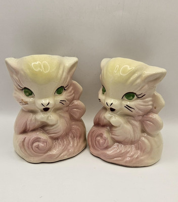 Vintage Shawnee Pottery Cat Head Planters Pink Green Pair 1950's 