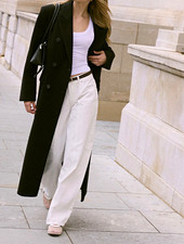 Women s Black Long Double-Breasted Overcoat Button Front Collared Coat