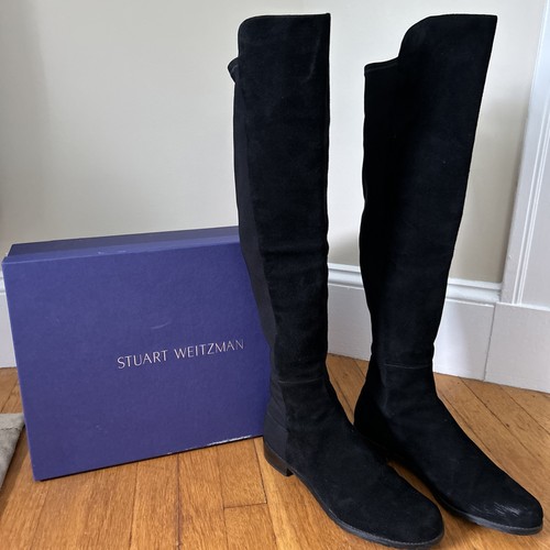 Stuart Weitzman 50/50 Black Suede Over The Knee Boots Low Block Heel Size 10