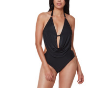 Bar Iii Women's Solid Cowlneck One-Piece Swimsuit Black Size L 10261