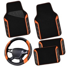 Leather Steering Wheel Cover and Waterproof Car Floor Black Orange