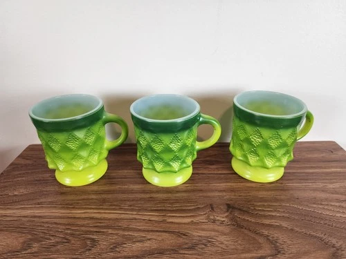Set Of 3 VTG Anchor Hocking Fire King Kimberly Diamond Point Green Coffee Mugs