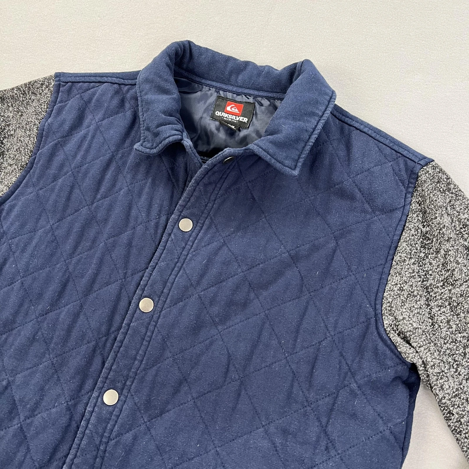 Quiksilver June Gloom Jacket Mens Medium Blue Quilted Knit Sleeve Snap Front