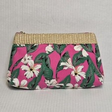NEW Estee Lauder Pink Tropical Floral Cosmetic Bag Woven Top Bamboo Zipper Pull