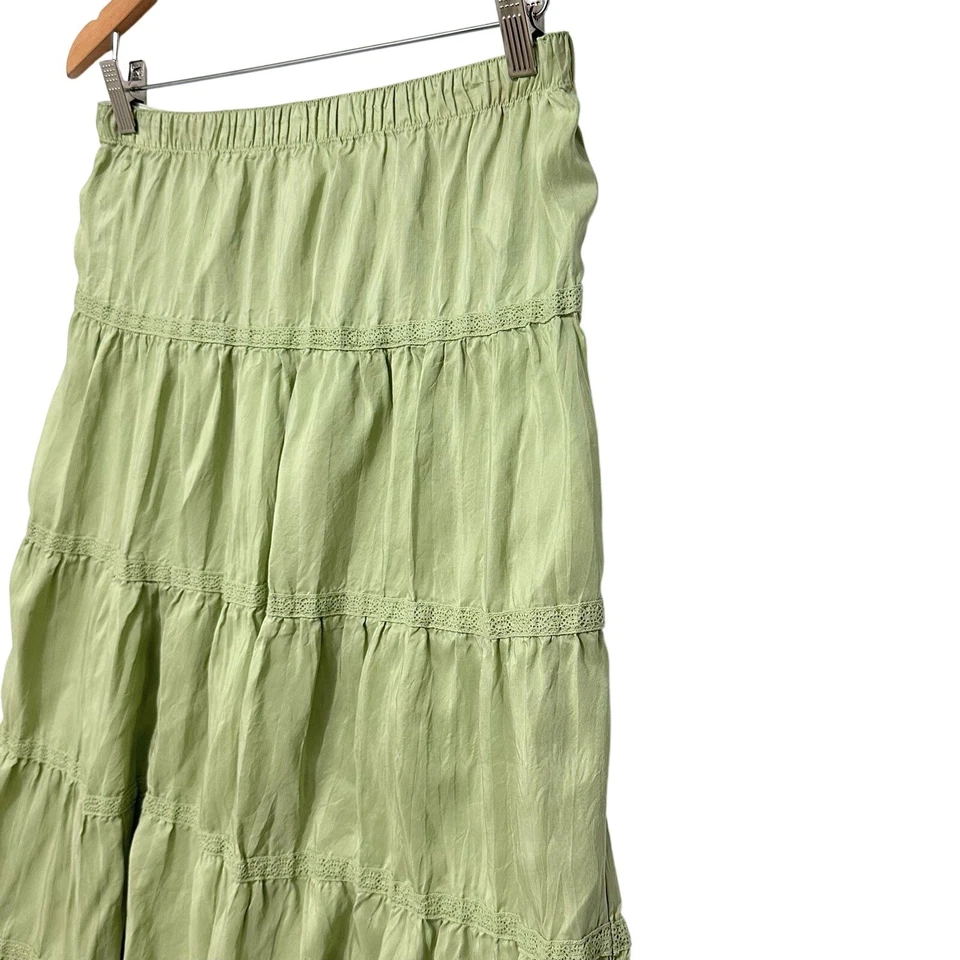 Garnet Hill Silk Tiered Midi Skirt Sage Green Women's Size 8 Boho Cottagecore - Image 2 of 4
