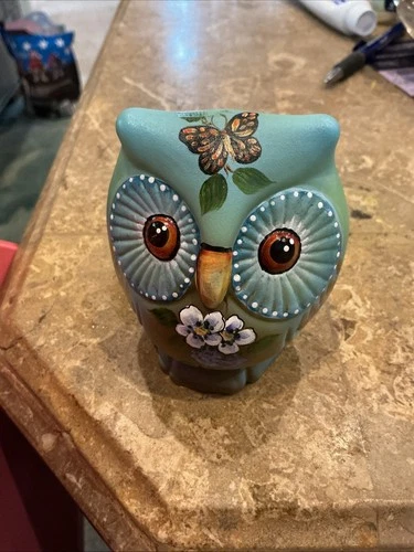 Fenton Jade Glass hand painted signed glass owl figurine HP By Kim Barley 10/16