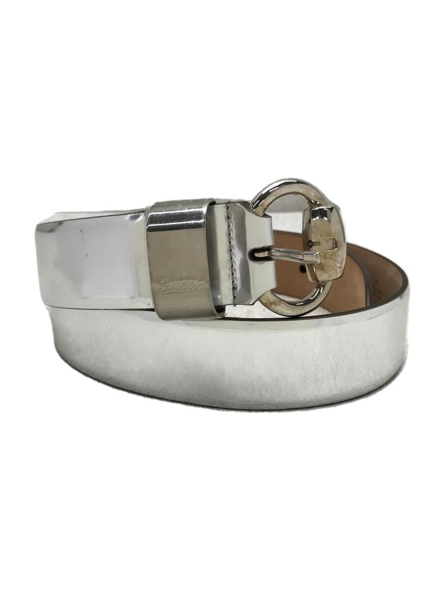 GUCCI Mens Silver Horsebit Patent Leather Belt Metallic Finish