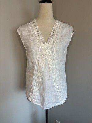 Elena Baldi White Linen Top Lace Crochet Cap Sleeve VNeck Boho Beach Italy Small