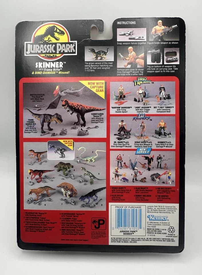 1994 Evil Raiders Skinner com Rifle Tranq Jurassic Park Kenner Cartão de Filme #43 Novo Na Caixa - Imagem 2 de 4