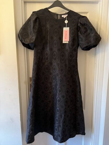 New Finery London Silky Black Embroidery Design Silas Midi Dress,UK 14 - Picture 1 of 12