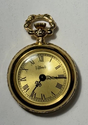 B Altman & Co. Swiss Made Pendant Pocket Watch Floral Black Enamel Gold Tone - Picture 2 of 6