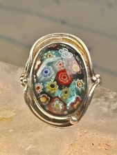 Millefiori ring Caithness glass ring vintage 1980 size 8.25 sterling silver wom