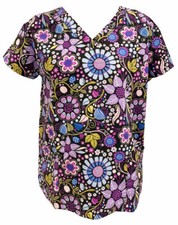 Serene Women's Medical Scrub Printed Tops Black Tapestry Colorful Floral M