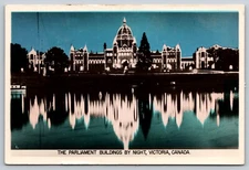 Victoria British Columbia Parliament Buildings Night Hand Tinted RPPC Postcard