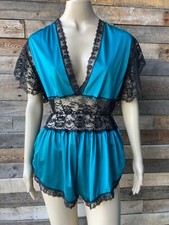 Vintage 80's Teal Blue Nylon and Black Lace Teddy One Piece Lingerie Deep-v Snap