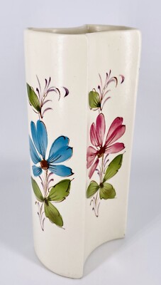 Vintage Hand Made Portugal SADO FTD Floral Vase 4 Sided Hand Painted Flowers 8''