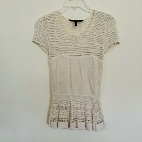 BCBGMaxAzria Gardenia Emily Pointelle Peplum Silk Ivory Cream Top Size XS - Picture 3 of 9