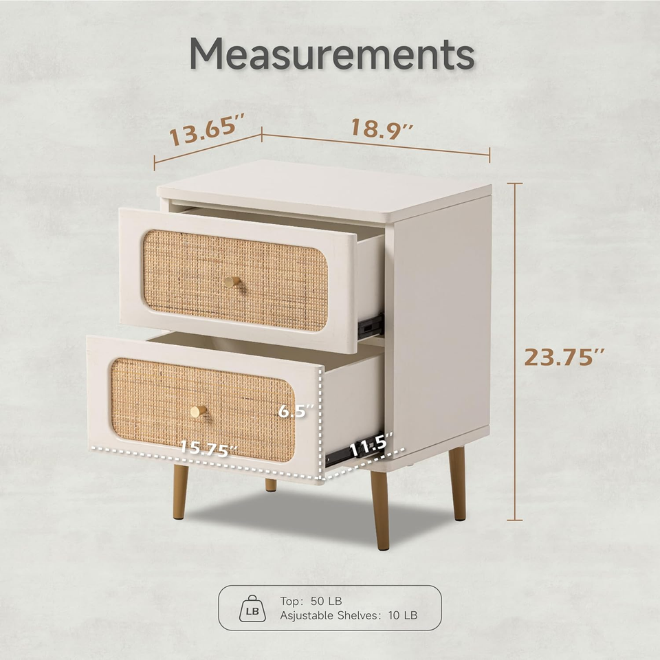 LONYKE Wicker Rattan Nightstand, 2Drawer End Table White Finish Side