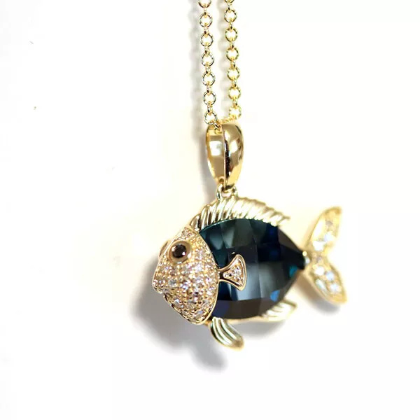 EFFY Fish Pendant Necklace 14K Yellow Gold London Blue Topaz Diamond 16 18