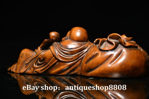 6" Chinese Boxwood wood Carved Happy Laugh Maitreya Buddha Money Bag Ruyi Statue - Picture 7 of 9