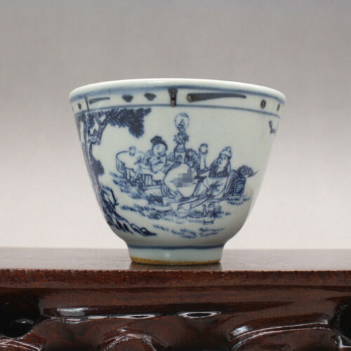 Tazza da tè cinese porcellana blu e bianca figura tardo Qing storie design 2,9" - Foto 1 di 8