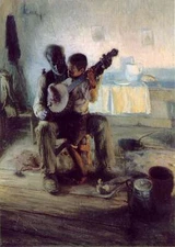Oil painting Henry_Ossawa_Tanner The Banjo Lesson black figures father & son 