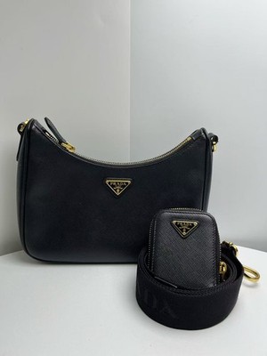 Authentic Prada BLACK Re-Edition 2005 Grey Saffiano Leather Hobo Bag