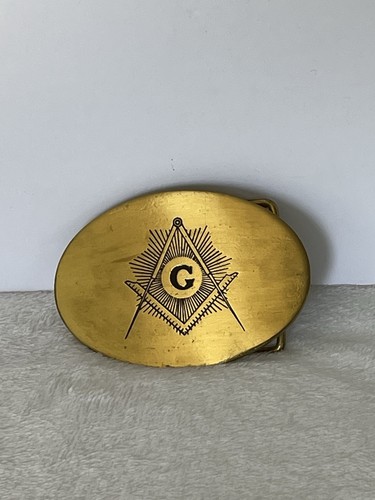 Vintage Masonic Mason Freemasons Solid Brass Belt Buckle Oval Gold Tone - Picture 2 of 7