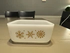Vintage Glasbake Refrigerator Dish Gold Atomic Snowflake Pint Milk Glass