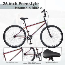 26" Freestyle Bike for Teens,Steel Frame Single-Speed Moutain Bicycle w/2 Pegs
