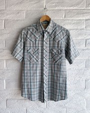 Vintage Wrangler Western Pearl Snap Shirt Men's M Gray Teal Plaid Short Sleeve