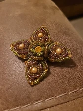 Green And Gold vintage filigree Seed Bead Brooch With Pearls And Rhinestones