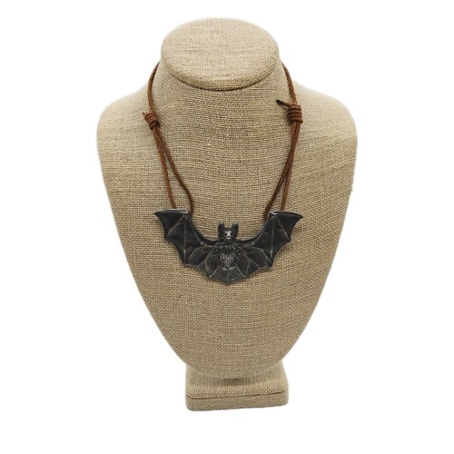 Bat Necklace Silver tone Halloween Huge Pendant Over the Head Leather Cord 22 in